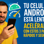 Hombre frustrado mirando su celular Android con ícono de velocidad y texto sobre cómo acelerarlo"