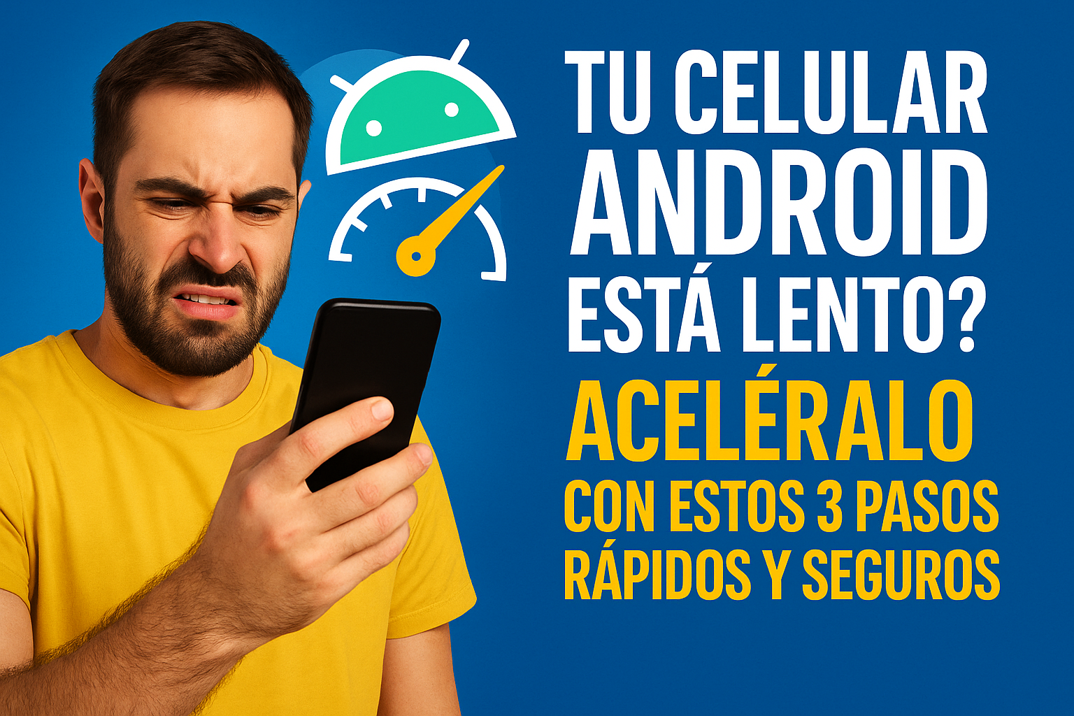 Hombre frustrado mirando su celular Android con ícono de velocidad y texto sobre cómo acelerarlo"