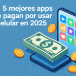 Ilustración de una persona ganando dinero con su celular en 2025, con aplicaciones móviles que pagan por usarlas