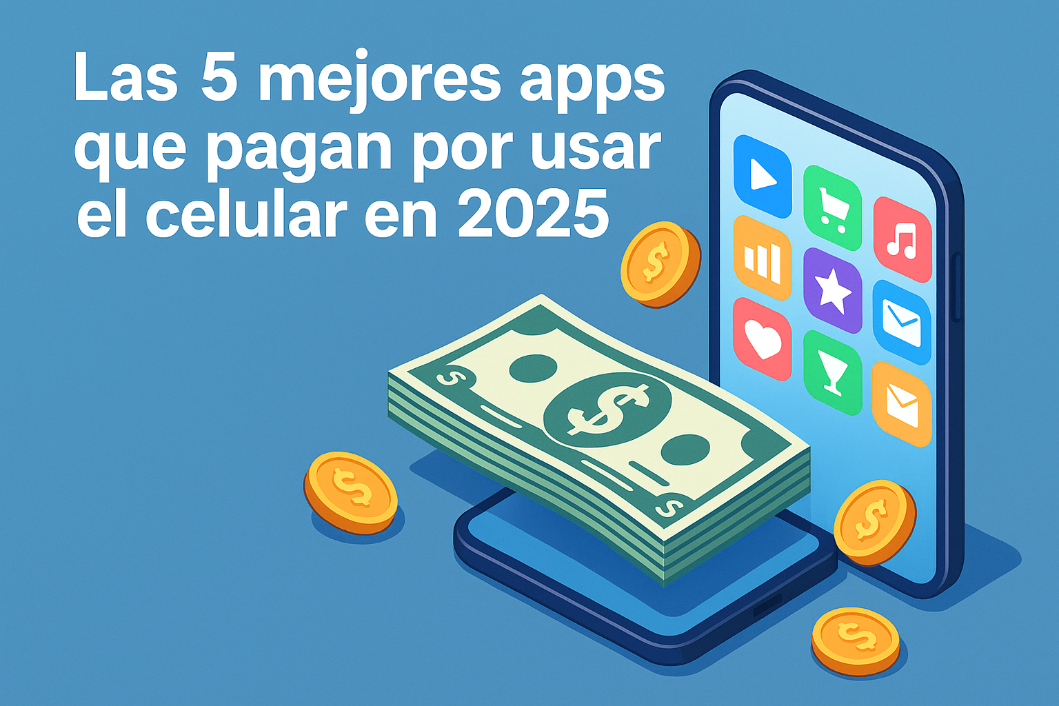 Ilustración de una persona ganando dinero con su celular en 2025, con aplicaciones móviles que pagan por usarlas