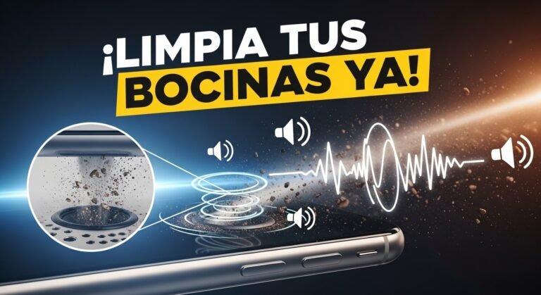 Miniatura explicativa con un celular expulsando suciedad de las bocinas usando sonido, con el texto “¡LIMPIA TUS BOCINAS YA!”