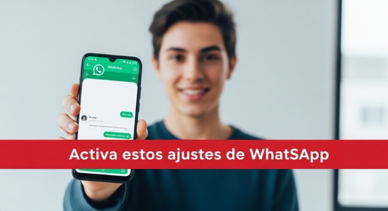 Persona usando WhatsApp con franja roja que dice “Activa estos ajustes de WhatsApp”