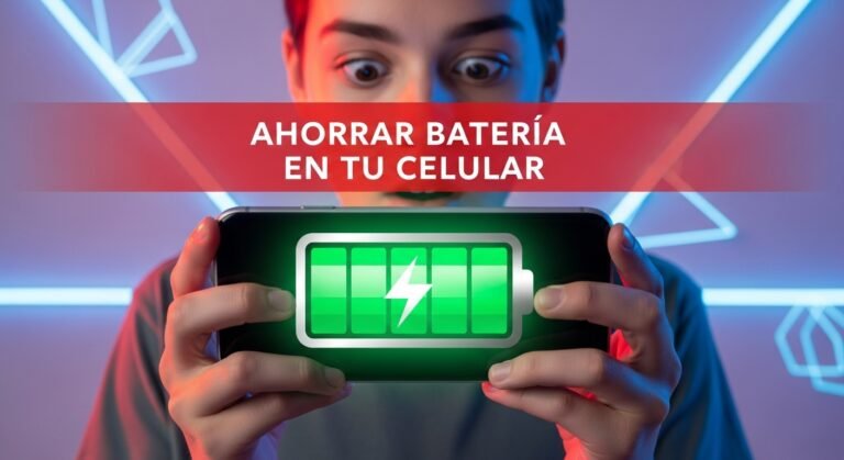 Persona usando un celular con un ícono de batería verde y una franja roja con el texto ahorrar batería en tu celular