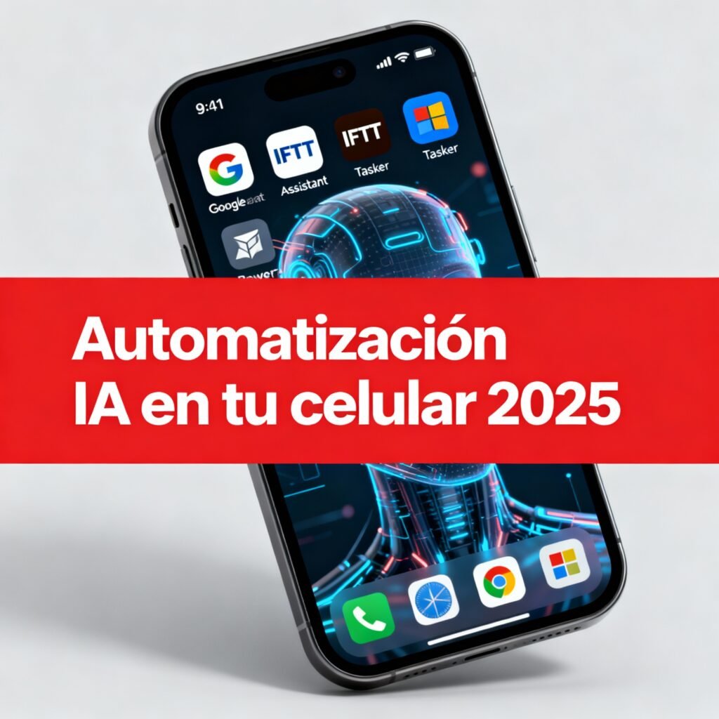 Celular mostrando aplicaciones de automatización IA en pantalla con gráficos tecnológicos modernos
