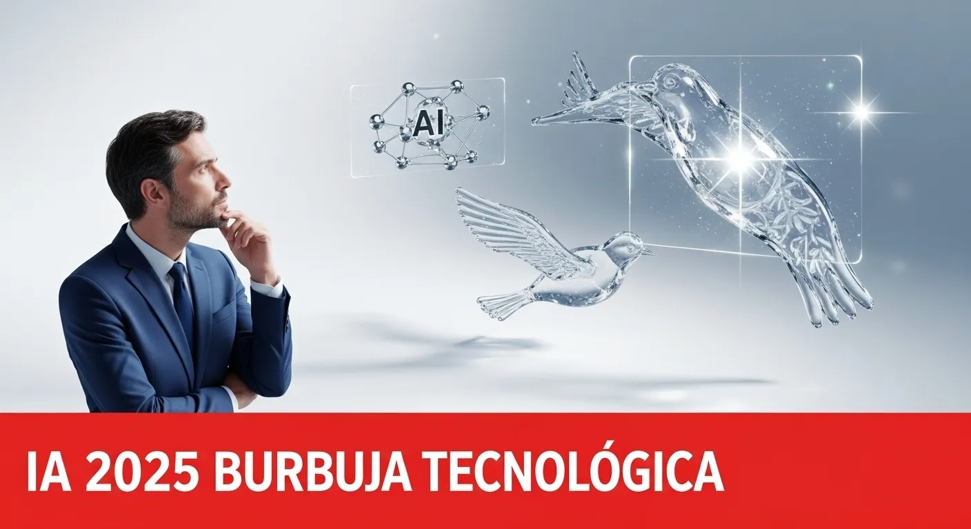 IA 2025 burbuja tecnológica – fondo tecnología blanco persona pensando